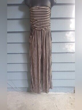 Striped Strapless Jumpsuit in Black and Beige